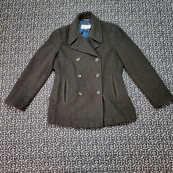 Calvin Klein Black 8P Wool Dressy Business Casual Lined Pea Coat Jacket - Picture 1 of 7